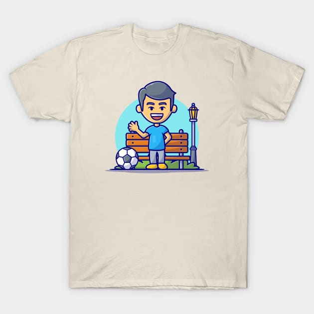 Cute Boy Playing Soccer In the Park Cartoon Vector Icon Illustration T-Shirt by Catalyst Labs